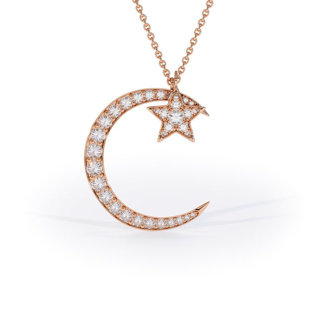 moon and star pendant with inverted lab grown diamonds rose gold