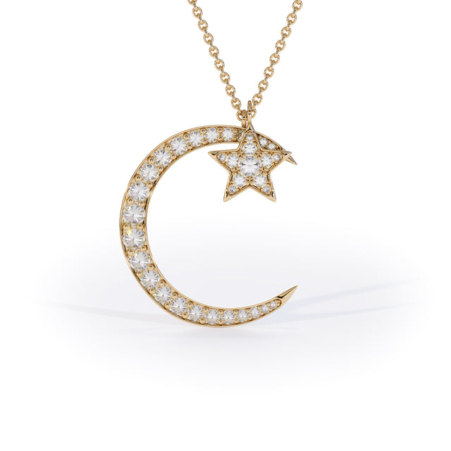 moon and star pendant with inverted lab grown diamonds