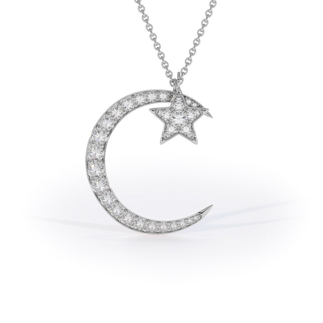 moon and star pendant with inverted lab grown diamonds white gold