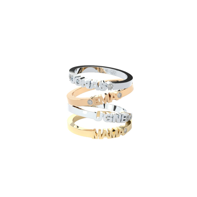 Custom name and word golden ring with diamond by Formes Fine Jewelry