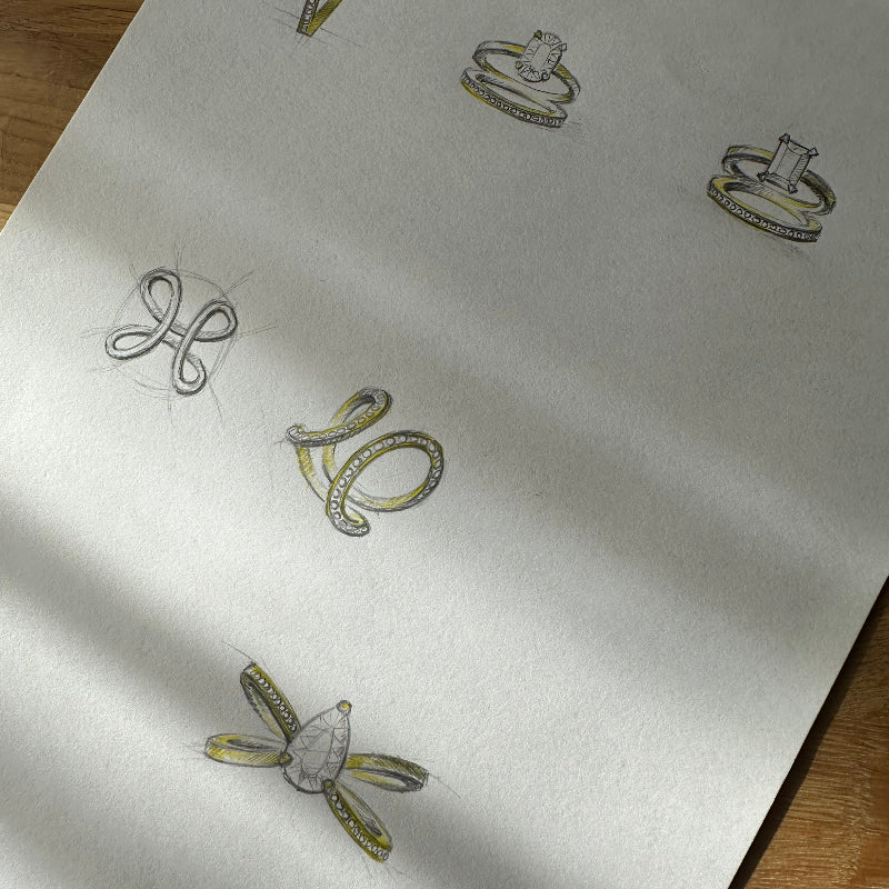 Designer hand sketching a FORMÉS ring concept in the workshop