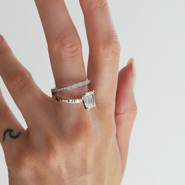 designer ring with emerald cut lab grown or natural diamond