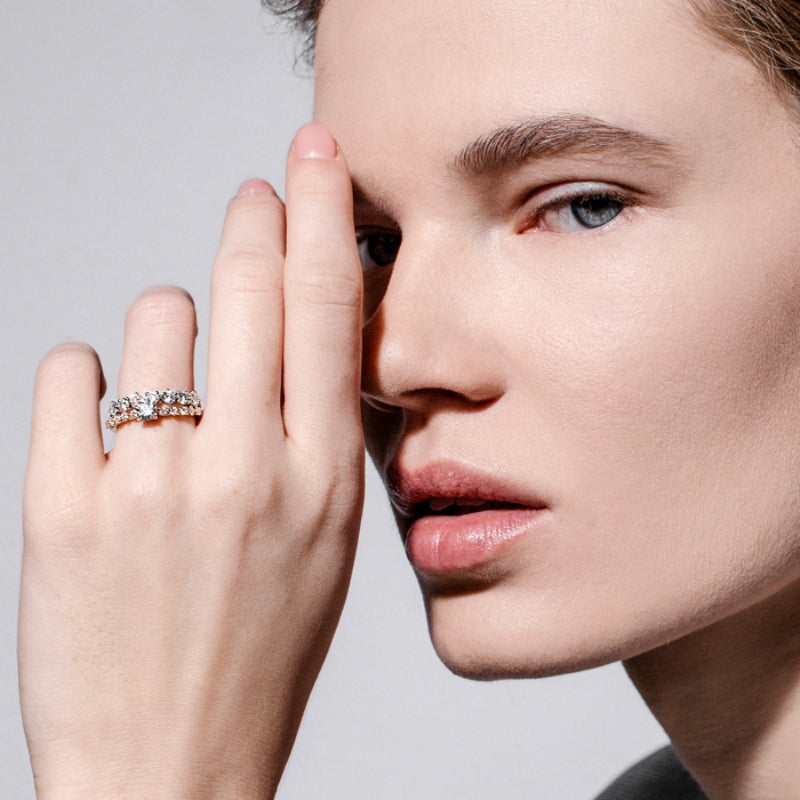 duo engagement ring and half eternity band with lab grown or natural diamonds by Formes