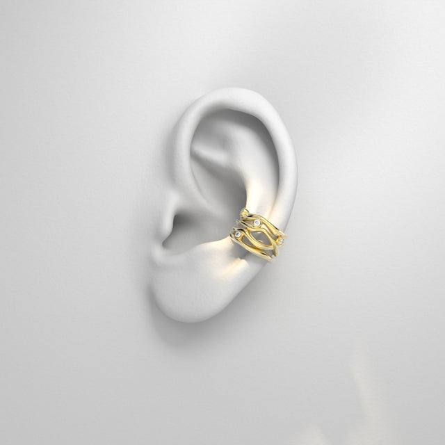 Bare Souls organic golden four threads ear cuff with diamonds by Formes Fine Jewelry