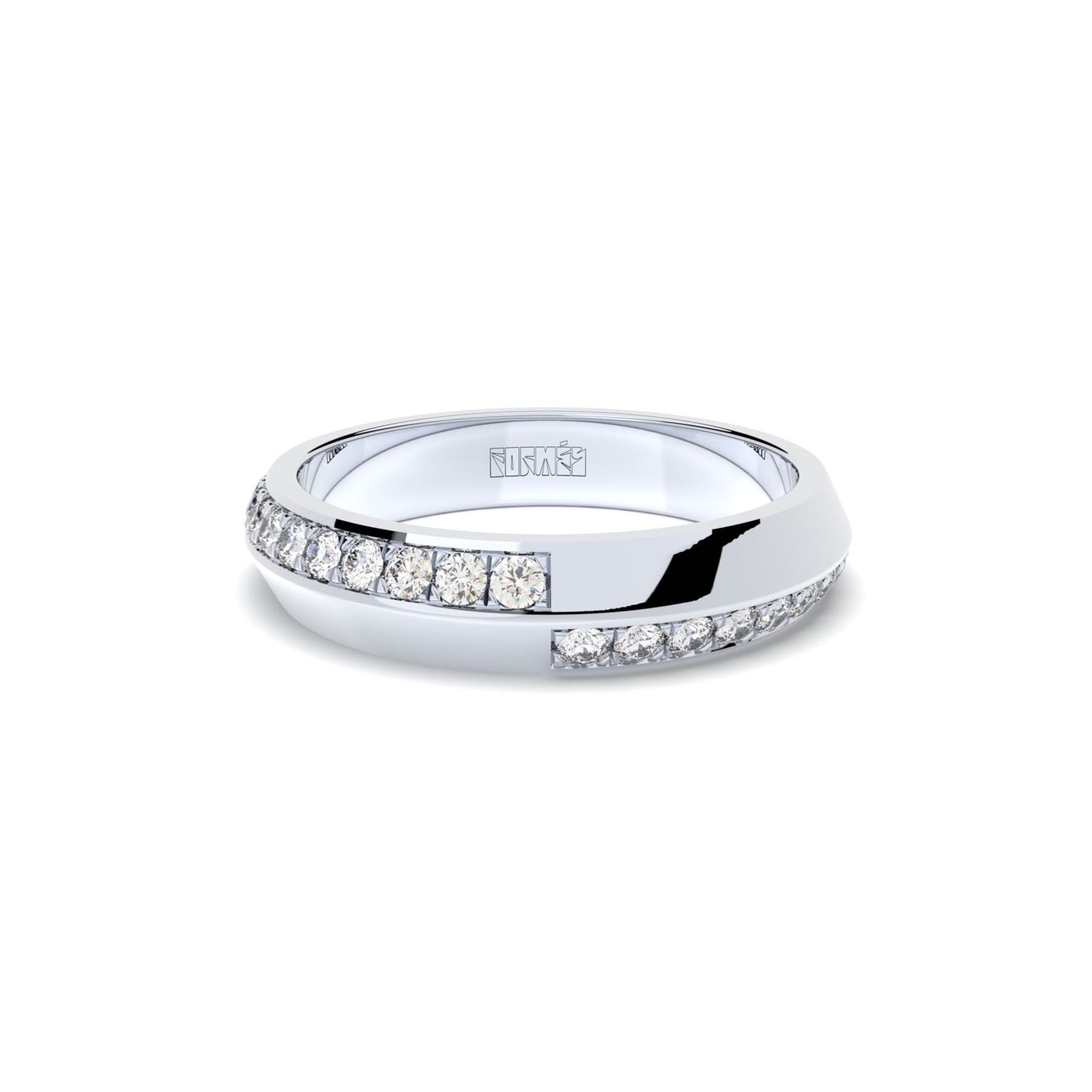 Tiny Clash edgy wedding ring with a distorted diamonds line
