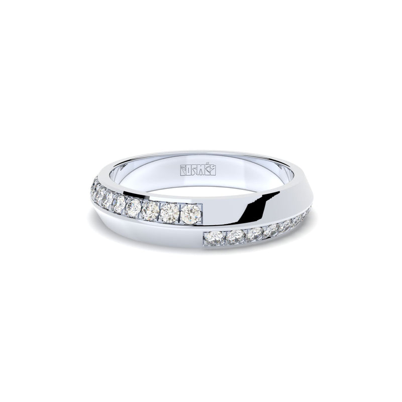 Tiny Clash edgy wedding ring with a distorted diamonds line