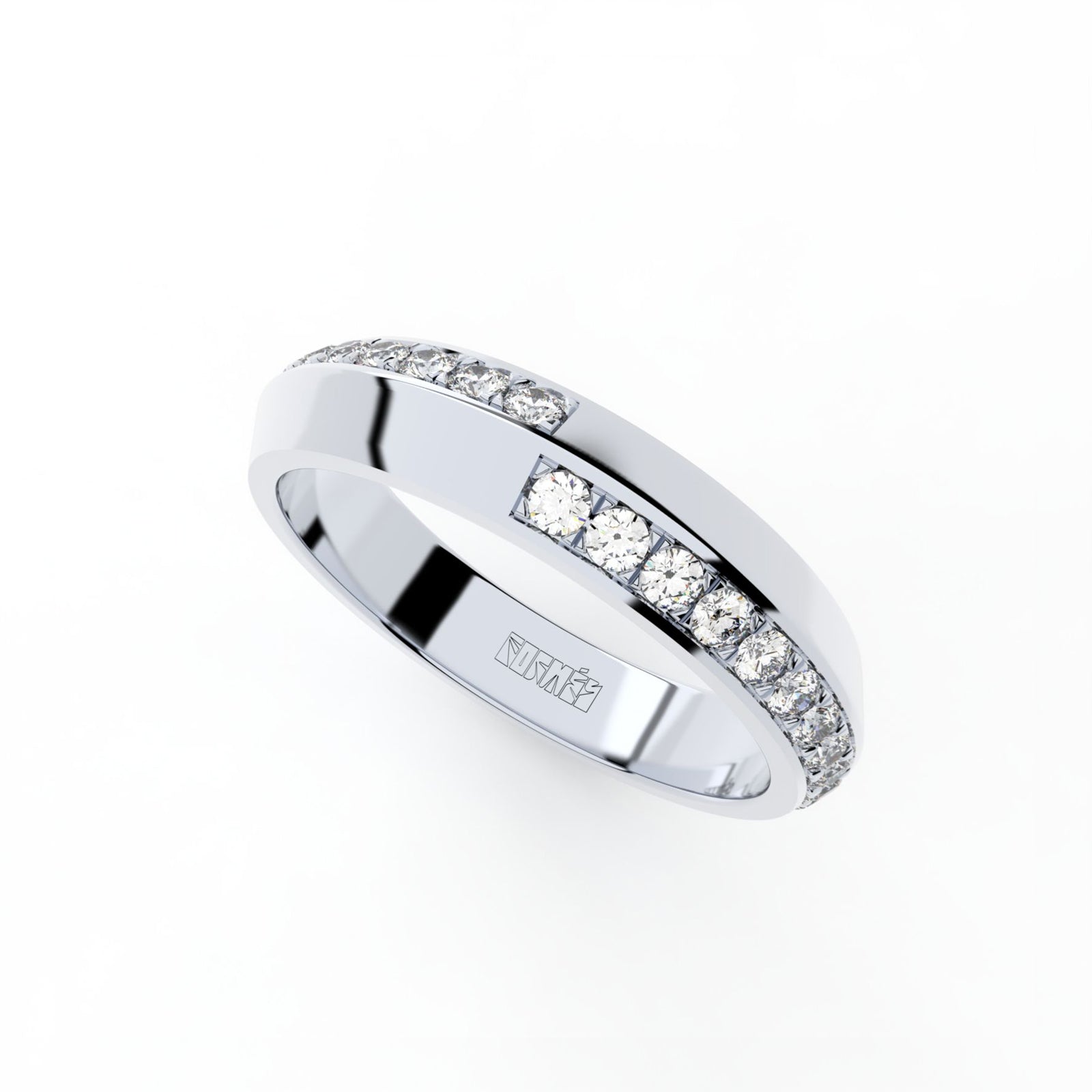 Tiny Clash edgy wedding ring with a distorted diamonds line