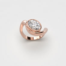Organic rose gold ring with oval diamond on a light gray background