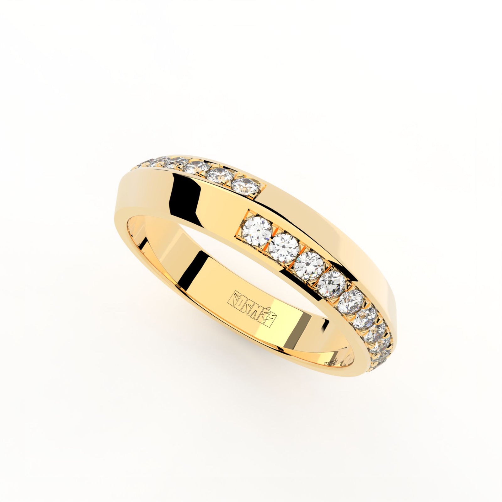 Tiny Clash edgy wedding ring with a distorted diamonds line