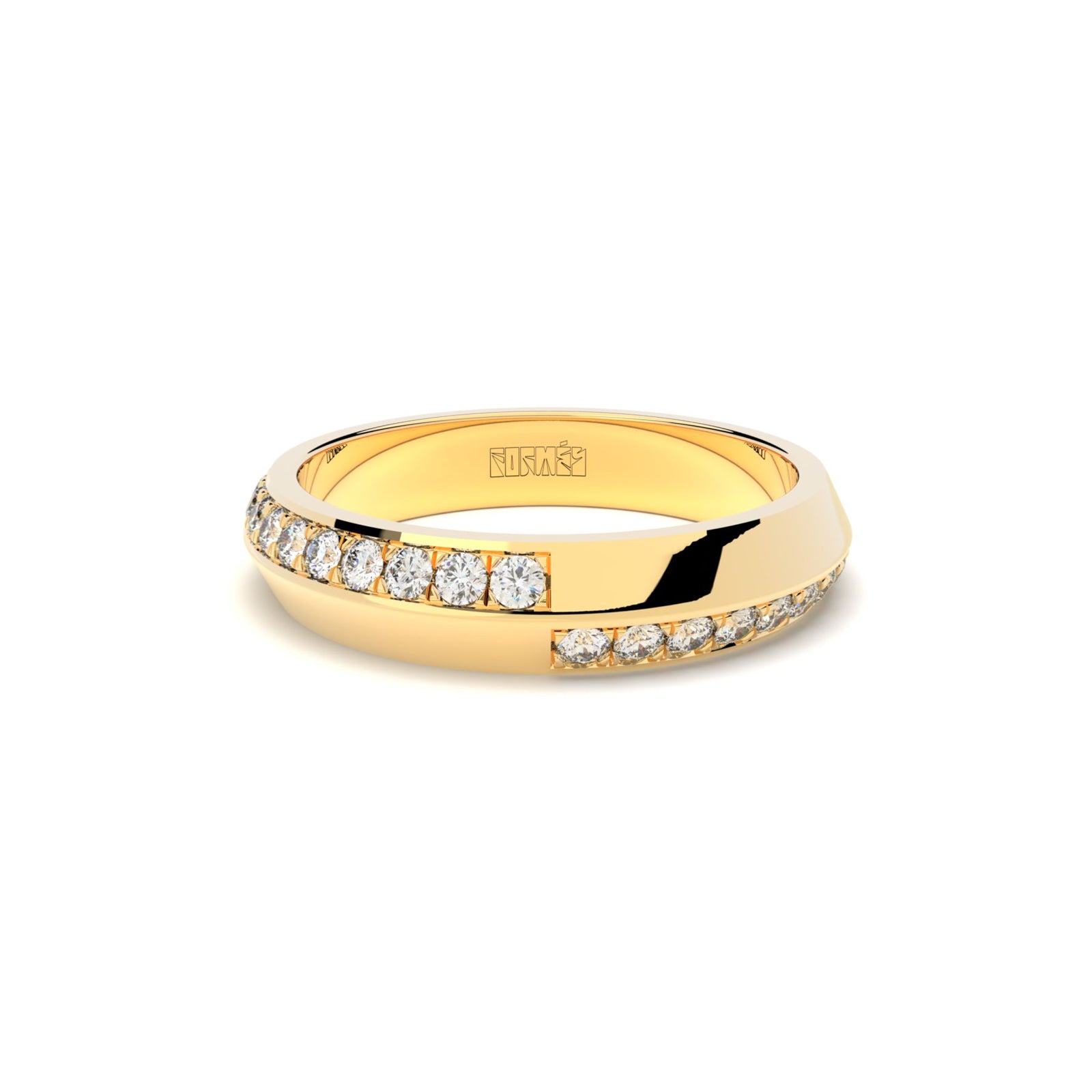 Tiny Clash edgy wedding ring with a distorted diamonds line