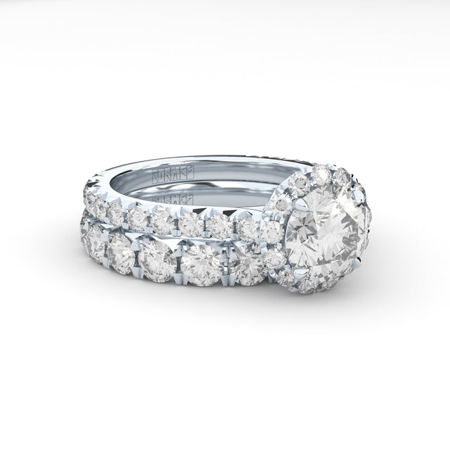 lab grown diamonds halo engagement ring and eternity band by Formes